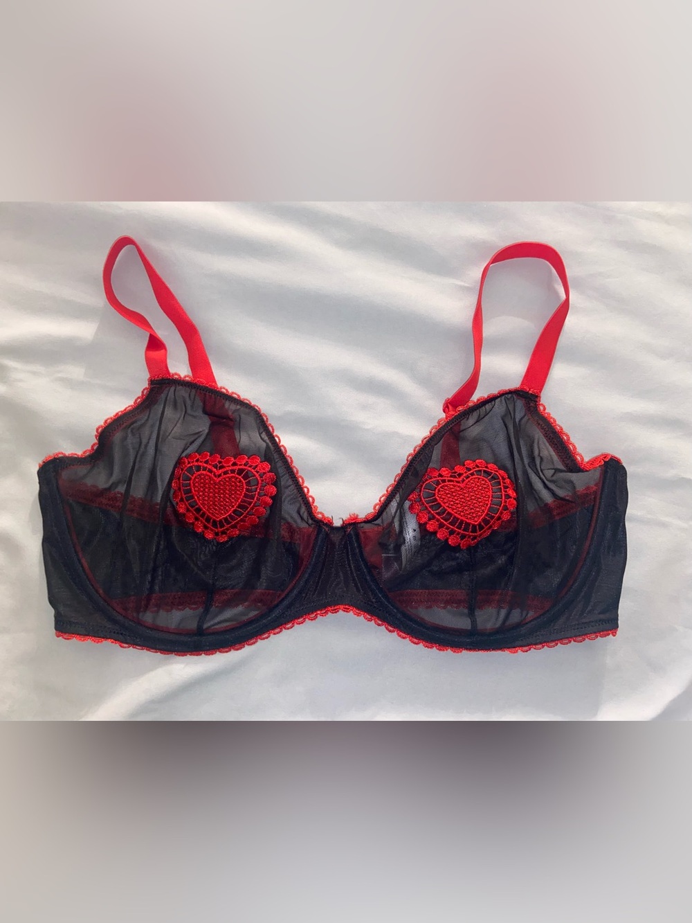 Adore Me 38 DDD Sheer Black and Red Heart Lace Underwire Bra